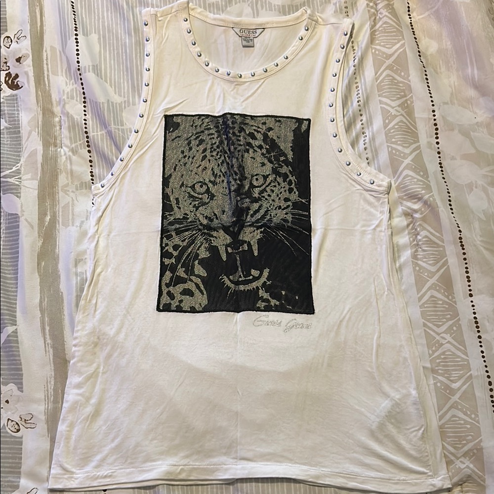 Guess Graphic Embellished Muscle Tee White Black
